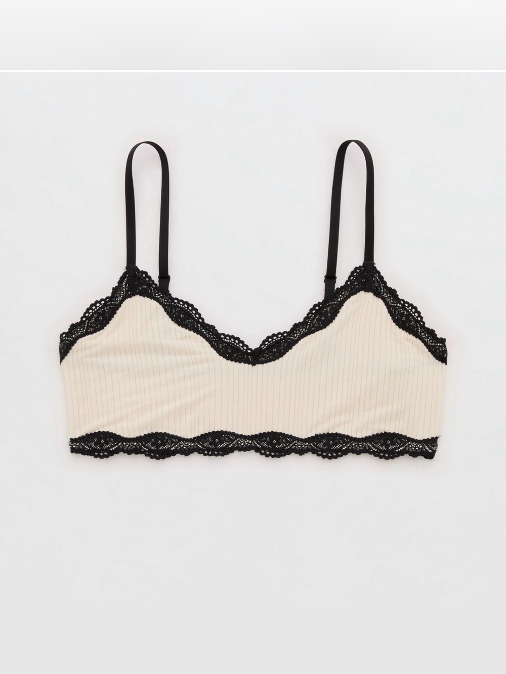 aerie Ribbed Lace-Trim Bralette & Brief Set - Cream with Black Lace - Picture 3 of 6